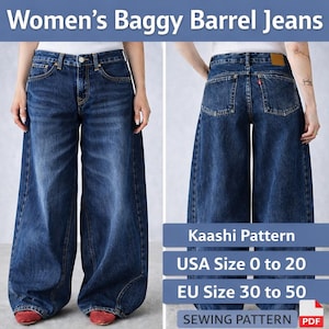 Puede incluir: Vaqueros baggy barrel de mezclilla azul oscuro. Los vaqueros tienen una pernera ancha y una cintura alta. La imagen muestra la parte delantera y trasera de los vaqueros. El texto de la imagen dice "Women's Baggy Barrel Jeans", "Kaashi Pattern", "USA Size 0 to 20" y "EU Size 30 to 50".