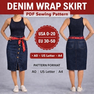 Puede incluir: Un patrón de costura de falda envolvente de mezclilla. La imagen muestra una vista frontal y posterior de una falda de mezclilla con un cinturón estampado rojo. El texto de la imagen dice "DENIM WRAP SKIRT PDF Sewing Pattern" y "USA 0-20 EU 30-50".