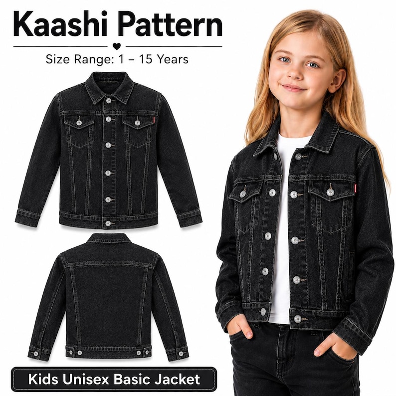 May include: Black denim jacket with button closures, chest pockets, and a red accent tag. The image includes the text "Kaashi Pattern" and "Kids Unisex Basic Jacket". Size range is 1-15 years.
