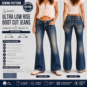 Op de afbeelding: Een naaipatroon voor een ultra low rise bootcut jeans met een voor- en achteraanzicht van een donkerblauwe spijkerbroek. Het patroon bevat een ritssluiting met knoop, vijf zakken, riemlussen en dubbele stiksels.