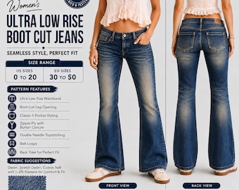 Women's Ultra Low Rise Bootcut Jeans Sewing Pattern | 5-Pocket Denim (PDF)