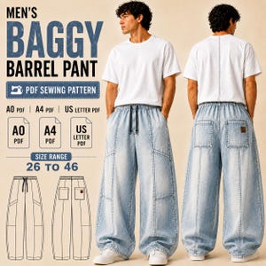 May include: A PDF sewing pattern for baggy barrel pants with a size range of 26 to 46. The image displays light-wash denim pants with an elastic waistband, drawstring, and large back pockets, shown from front and back views with technical line drawings.