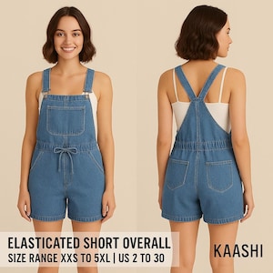 May include: Light blue denim short overalls with adjustable straps, a bib pocket, and a drawstring waist. The overalls have a relaxed fit and are shown from the front and back. The text "ELASTICATED SHORT OVERALL" and "SIZE RANGE XXS TO 5XL | US 2 TO 30" is visible.