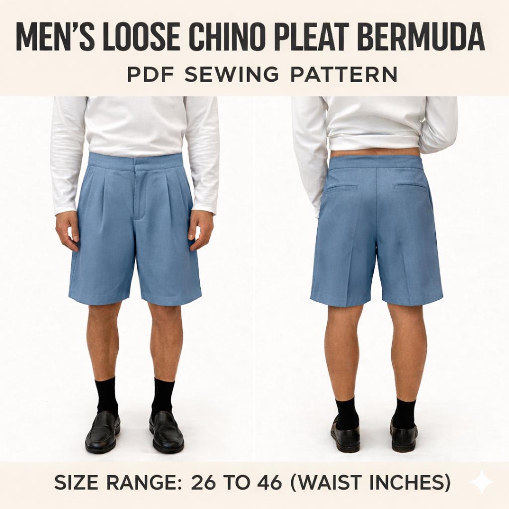 Men's Double Pleat Bermuda Shorts PDF Sewing Pattern | Loose Fit