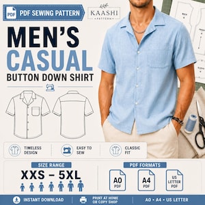 May include: A PDF sewing pattern for a men's casual button-down shirt. The pattern includes a size range from XXS to 5XL and is available in A0, A4, and US Letter PDF formats. The design is timeless and easy to sew.