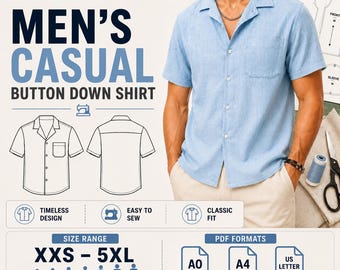 Herenshirt met button-down kraag en pdf-naaipatroon (XXS-5XL)