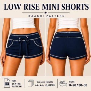 May include: Navy blue low-rise mini shorts with white stitching and a drawstring. The image includes the text "LOW RISE MINI SHORTS" and "KAASHI PATTERN". Available sizes are 0-20 and 30-50.