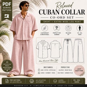 May include: A light dusty pink Cuban collar co-ord set, including a shirt and extra wide leg pants. The image also features a PDF sewing pattern with instructions and fabric suggestions. The set is available in sizes XS-5XL.