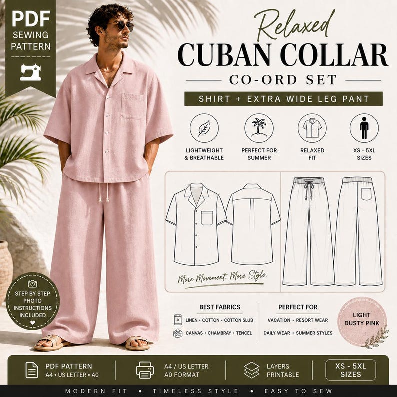 May include: A light dusty pink Cuban collar co-ord set, including a shirt and extra wide leg pants. The image also features a PDF sewing pattern with instructions and fabric suggestions. The set is available in sizes XS-5XL.