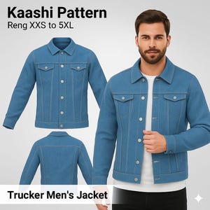 Op de afbeelding: Een lichtblauwe denim truckerjack met knoopsluitingen en borstzakken. De afbeelding toont de jas vanuit meerdere hoeken, waaronder een vooraanzicht, een zijaanzicht en een achteraanzicht. De tekst "Kaashi Pattern" en "Trucker Men's Jacket" zijn zichtbaar.