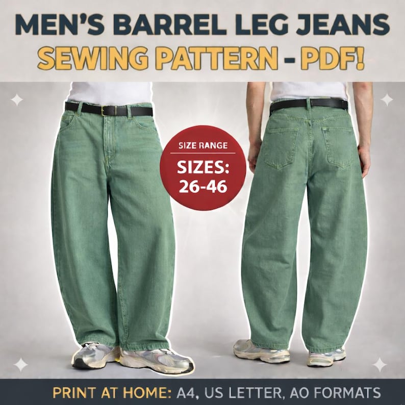 Men's Barrel Leg Jeans Sewing Pattern | Wide Fit Denim Pants (PDF ...