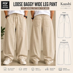 Puede incluir: Un patrón de costura en PDF para pantalones anchos y holgados. La imagen muestra las vistas frontal y trasera de unos pantalones beige con cintura de cordón y bolsillos grandes, junto a dibujos técnicos con detalles de costura.