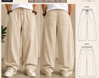 Men's Loose Baggy Wide Leg Pant PDF Sewing Pattern | Elastic Waist Trousers (Digital Pattern)