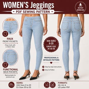 Op de afbeelding: Lichtblauwe jeggings naaipatroon met nep voorzakken en functionele achterzakken. Het patroon bevat Amerikaanse maten 0-20 en is een professioneel en gedetailleerd patroon. De tekst op de afbeelding zegt "WOMEN'S Jeggings PDF SEWING PATTERN".