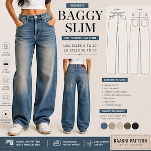 Pode incluir: Um molde de costura digital em PDF para calças jeans baggy slim, com vistas frontal e traseira, desenhos técnicos e texto incluindo tamanhos EUA 0 a 20, tamanhos UE 30 a 50, características do molde e tecidos sugeridos por Kaashi Pattern.