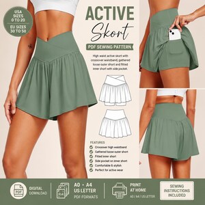 May include: A sage green active skort PDF sewing pattern featuring a high crossover waistband, a gathered loose outer short, and a fitted inner short with a side pocket. The image includes technical line drawings and text detailing the design.