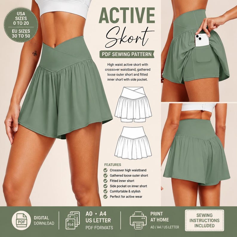 May include: A sage green active skort PDF sewing pattern featuring a high crossover waistband, a gathered loose outer short, and a fitted inner short with a side pocket. The image includes technical line drawings and text detailing the design.