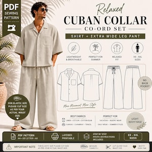 May include: A light beige Cuban collar co-ord set sewing pattern. The pattern includes a shirt and extra wide leg pants, with sizes ranging from XS to 5XL. The design is lightweight and breathable, perfect for summer wear.