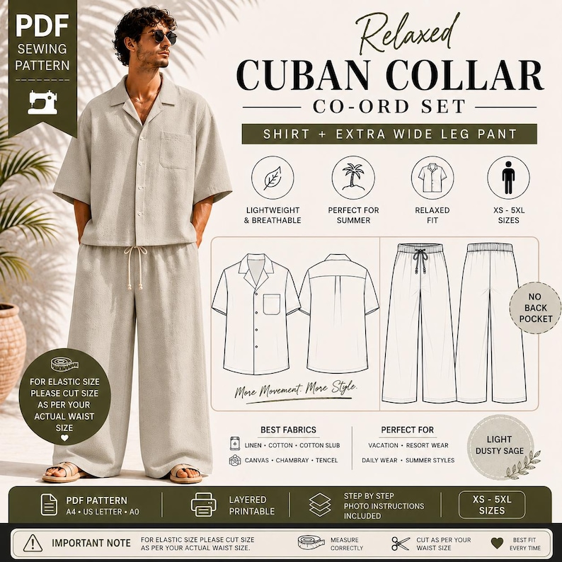 May include: A light beige Cuban collar co-ord set sewing pattern. The pattern includes a shirt and extra wide leg pants, with sizes ranging from XS to 5XL. The design is lightweight and breathable, perfect for summer wear.
