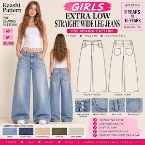 Op de afbeelding: Een PDF-naaipatroon voor een extra lage jeans met rechte, wijde pijpen van Kaashi Pattern. Het ontwerp heeft een sluiting met twee knopen, voor- en achterzakken en riemlussen. Inclusief technische lijntekeningen van voor- en achteraanzichten voor maten 9 tot 15 jaar.