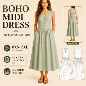 May include: A sage green midi dress with a V-neckline, sleeveless bodice, and a front button placket. The skirt is gathered at the waist and features side pockets. Text includes BOHO MIDI DRESS, PDF SEWING PATTERN, XXS-5XL, A0, A4, US LETTER, and BEGINNER FRIENDLY.
