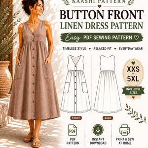 Puede incluir: Un patr&oacute;n de vestido de lino con botones frontales, escote en V, dise&ntilde;o sin mangas y dos bolsillos laterales. El archivo digital incluye el texto: KAASHI PATTERN, BUTTON FRONT LINEN DRESS PATTERN, Easy PDF SEWING PATTERN, XXS-5XL, INCLUSIVE SIZES.