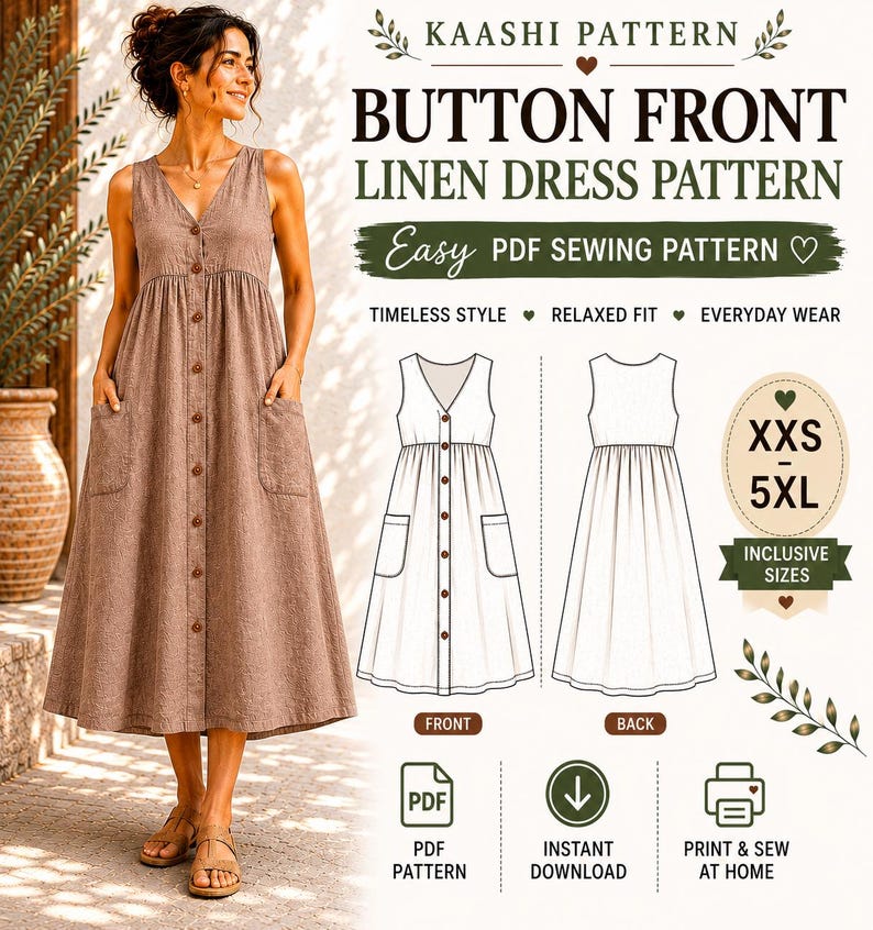 Puede incluir: Un patr&oacute;n de vestido de lino con botones frontales, escote en V, dise&ntilde;o sin mangas y dos bolsillos laterales. El archivo digital incluye el texto: KAASHI PATTERN, BUTTON FRONT LINEN DRESS PATTERN, Easy PDF SEWING PATTERN, XXS-5XL, INCLUSIVE SIZES.