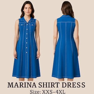 May include: A sleeveless blue dress with white stitching and a collared neckline. The dress features a button-down front, two chest pockets, and a flared skirt. The text "MARINA SHIRT DRESS" and "Size: XXS-4XL" are at the bottom.