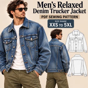 May include: A relaxed denim trucker jacket PDF sewing pattern with size range XXS to 5XL. The image displays a blue denim jacket with a collar, button-front closure, and chest pockets, alongside a technical line drawing of the front and back.