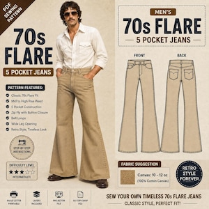 May include: A PDF sewing pattern for 70s flare 5-pocket jeans. The document includes technical illustrations of the front and back of the pants, a list of pattern features, difficulty level, and fabric suggestions for 10-12 oz cotton canvas.