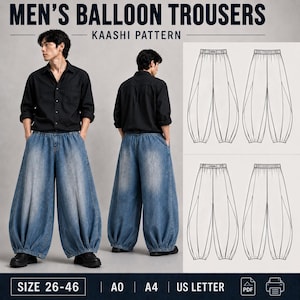 Könnte beinhalten: Ballonhose aus mittelblauem Denim mit weitem Schnitt und gerafften Beinabschlüssen. Der Text lautet MEN'S BALLOON TROUSERS KAASHI PATTERN, SIZE 26-46, A0, A4, US LETTER, PDF. Enthält technische Strichzeichnungen der Vorder- und Rückansicht.