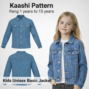 Könnte beinhalten: Hellblaue Jeansjacke für Kinder. Die Jacke hat eine Knopfleiste, zwei Brusttaschen und einen klassischen Kragen. Das Bild zeigt auch eine Vorder- und Rückansicht der Jacke. Der Text auf dem Bild lautet "Kaashi Pattern" und "Kids Unisex Basic Jacket".