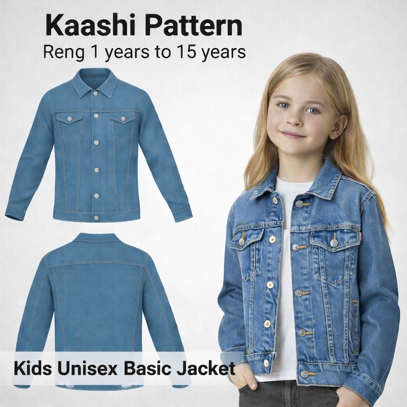 May include: A light blue denim jacket for kids, with a classic button-up design and two chest pockets. The image shows the front and back of the jacket, along with a child wearing the jacket. Text on the image reads "Kaashi Pattern" and "Kids Unisex Basic Jacket."