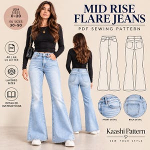 May include: Mid rise flare jeans PDF sewing pattern by Kaashi Pattern. Includes USA sizes 0-20, EU sizes 30-50, A0, A4, and US letter formats. Features layered sizes and detailed instructions. Shows front and back views of light blue denim jeans.