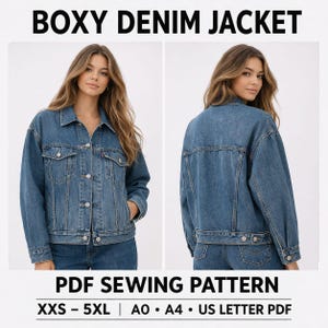PDF-sömnadsmönster för boxig jeansjacka | Y2K-modell med överdimensionerad passform, veck baktill (XXS-5XL)