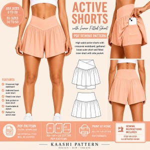 May include: Peach-colored active shorts featuring a crossover high waistband, a gathered loose outer layer, and a fitted inner short with a side pocket. The image includes technical line drawings of the shorts and text detailing a PDF sewing pattern.