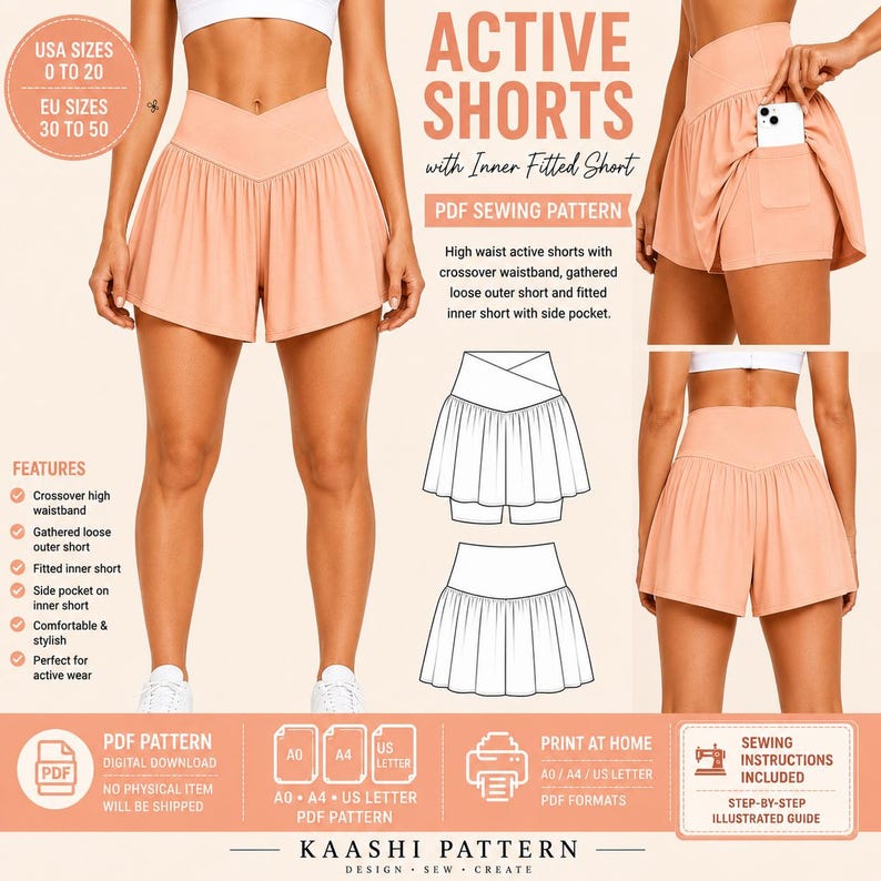 May include: Peach-colored active shorts featuring a crossover high waistband, a gathered loose outer layer, and a fitted inner short with a side pocket. The image includes technical line drawings of the shorts and text detailing a PDF sewing pattern.