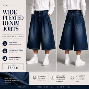May include: Wide pleated denim jorts in a dark wash, shown front and back. The text on the left reads "Wide Pleated Denim Jorts" and "Size Range 26-46". The jorts have a relaxed fit and are paired with white sneakers.