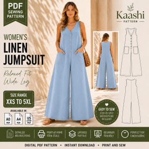 Può includere: Un cartamodello per una tuta in lino azzurro con scollo a V, chiusura frontale con bottoni e gamba larga con due tasche anteriori. Il modello PDF digitale include taglie dalla XXS alla 5XL, con disegni tecnici che mostrano le viste anteriore e posteriore, oltre alle istruzioni per la stampa domestica nei formati A0, A4 o lettera USA.