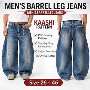 Op de afbeelding: Blauwe denim barrel leg jeans. De jeans hebben een uniek, wijde pijpen ontwerp met een gebogen vorm. De afbeelding bevat tekst die luidt "MEN'S BARREL LEG JEANS" en "KAASHI PATTERN". Maten beschikbaar zijn 26-46.