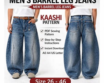Men's Barrel Leg Jeans Sewing Pattern, Modern Streetwear Trousers (PDF Download)