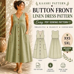 Button Front Linen Dress Pattern, Empire Waist, Patch Pockets, Midi (PDF Download)