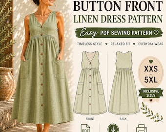 Button Front Linen Dress Pattern, Empire Waist, Patch Pockets, Midi (PDF Download)