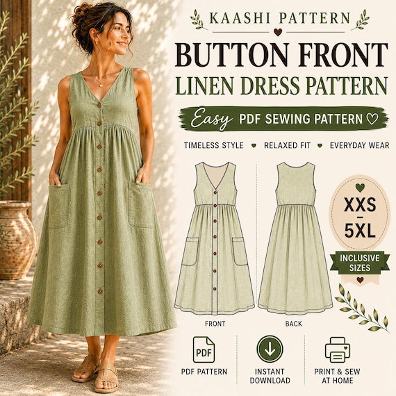 Button Front Linen Dress Pattern, Empire Waist, Patch Pockets, Midi (PDF Download)
