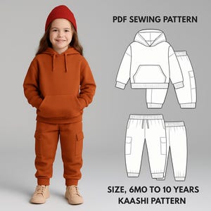 May include: A young child wearing an orange hoodie and cargo pants, paired with a red beanie and tan shoes. A PDF sewing pattern for a matching hoodie and pants set is shown. The text on the image reads "PDF Sewing Pattern" and "Size, 6mo to 10 years".