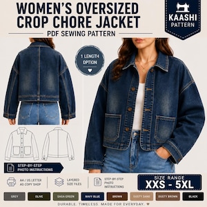 May include: An oversized crop chore jacket PDF sewing pattern by Kaashi Pattern. The design features a dark blue denim jacket with a collar, button front, and two front pockets. Includes technical line drawings, size range XXS-5XL, and instructions.