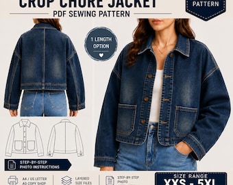 Women's Oversized Crop Chore Jacket Sewing Pattern (PDF) | Workwear Style XXS-5XL