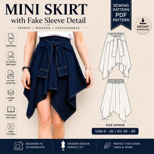 Puede incluir: Minifalda de mezclilla oscura con detalle de manga falsa y cintura anudada. La imagen incluye un patrón de costura con tallas USA 0-20 y EU 30-50. El texto dice "Trendy, Moderno, Fashionable".
