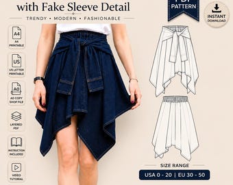 Mini Skirt Sewing Pattern | Asymmetrical Hem, Fake Sleeve Detail (PDF Download)