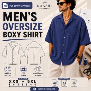 May include: A digital PDF sewing pattern for an oversized boxy shirt. The pattern includes size ranges from XXS to 5XL and is available in A0, A4, and US Letter PDF formats. The image shows a man wearing a blue shirt with a pocket.